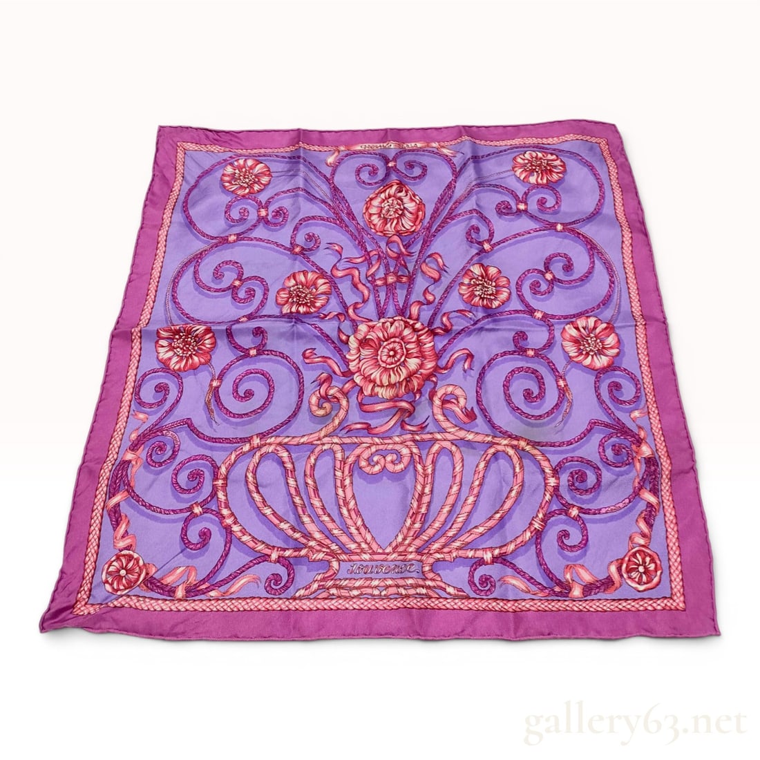 Hermes Jouvence Silk Gavroche Scarf by Leila Menchari: Hermes silk gavroche scarf, also known as a pocket square, featuring the Jouvence pattern designed by artist Leila Menchari. The composition displays a symmetrical floral arrangement emerging from a d