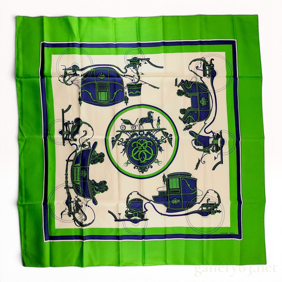 Hermes Ex Libris Silk Scarf: Hermes Paris silk twill scarf in the Ex Libris pattern, designed by Hugo Grygkar. The design features a central circular crest with an interlaced monogram framed by four detailed horse-drawn carriages