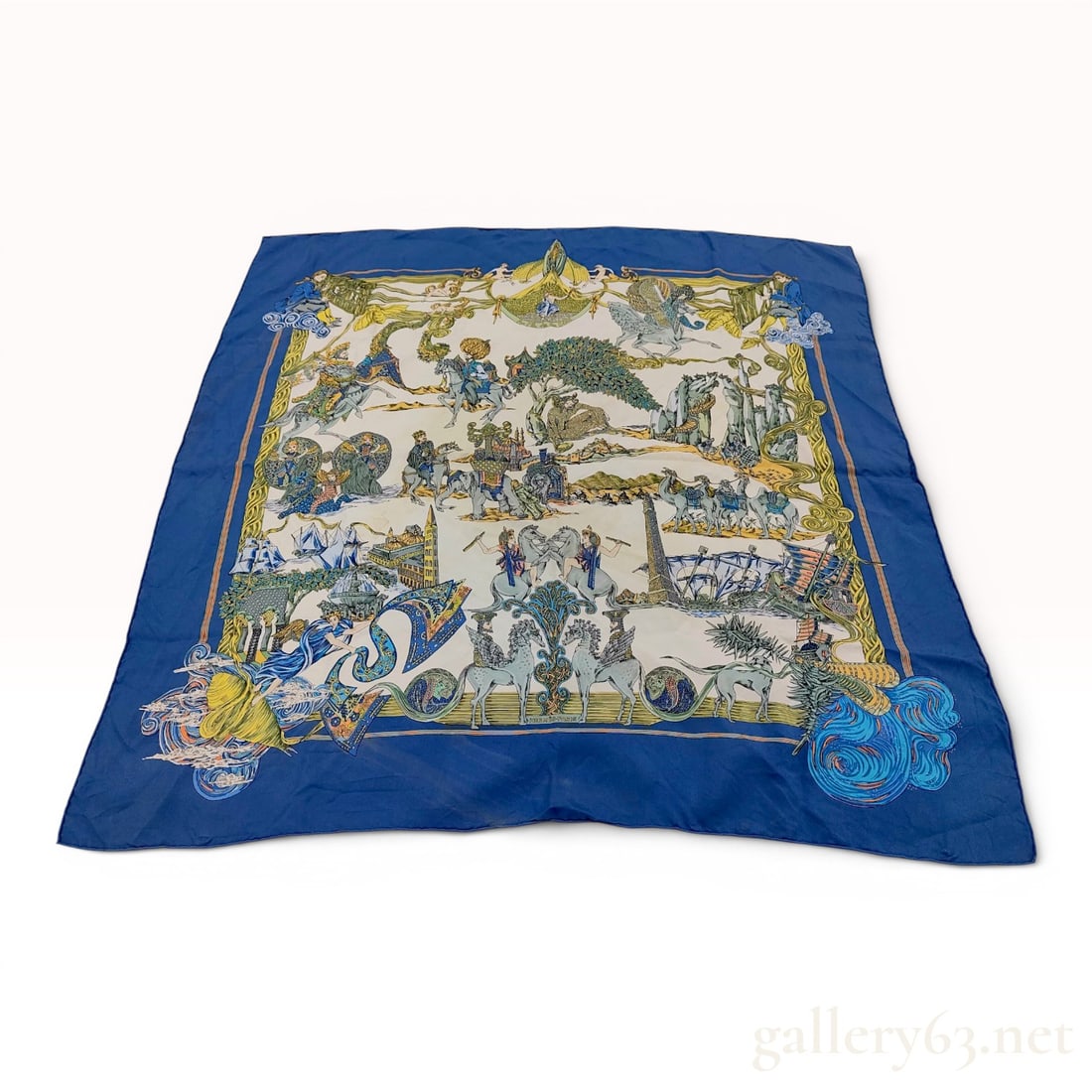 Hermes Au Fil de la Soie Silk Twill Scarf: This is an Hermes 100% silk twill scarf featuring the Au Fil de la Soie pattern. The complex illustrative design consists of multiple scenes depicting mythological, equestrian, and architectural motif