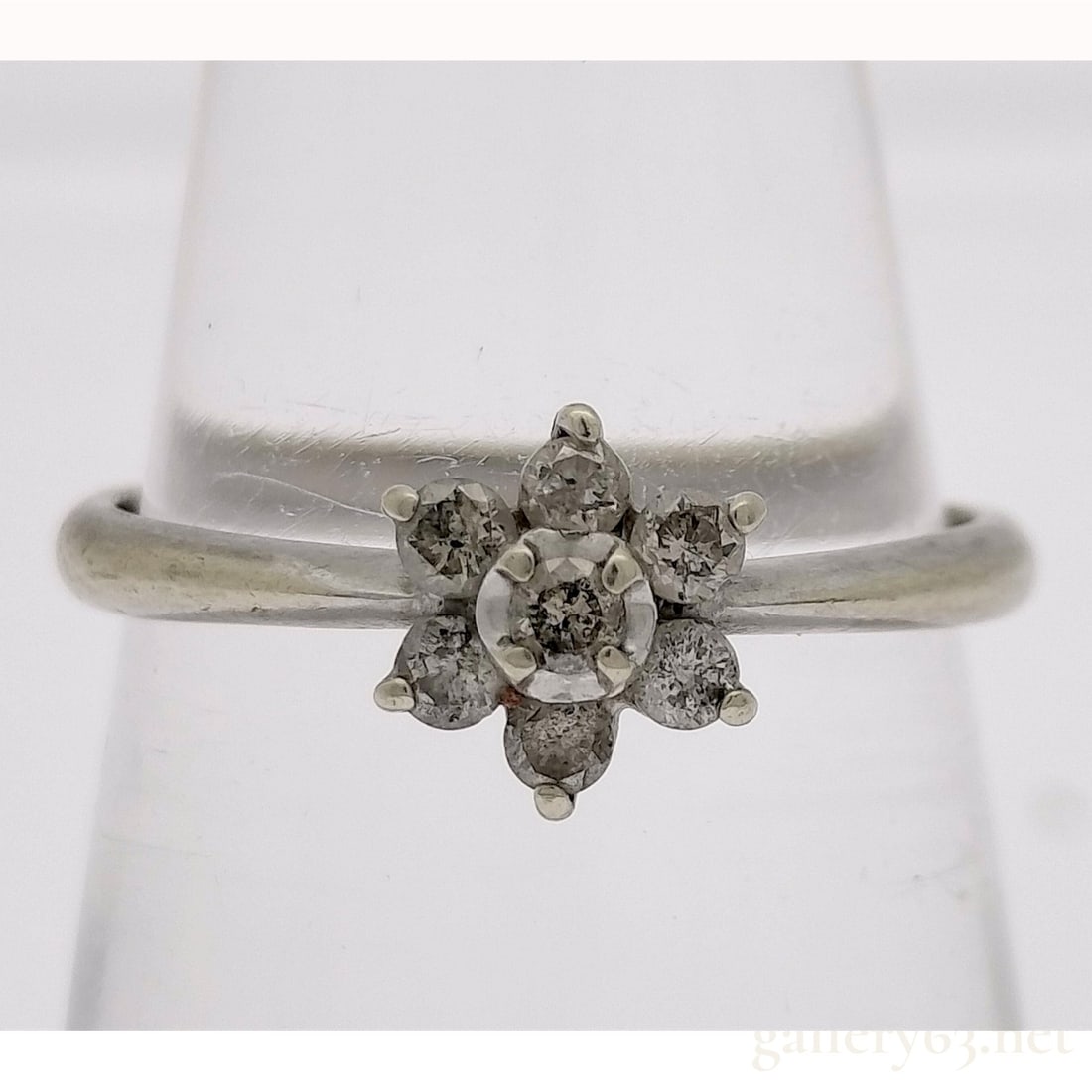 10 Karat White Gold Diamond Flower Cluster Ring: A 10 karat white gold ring featuring a floral cluster of diamonds. The setting consists of seven round brilliant-cut diamonds, including one central stone surrounded by six others, all in individual p