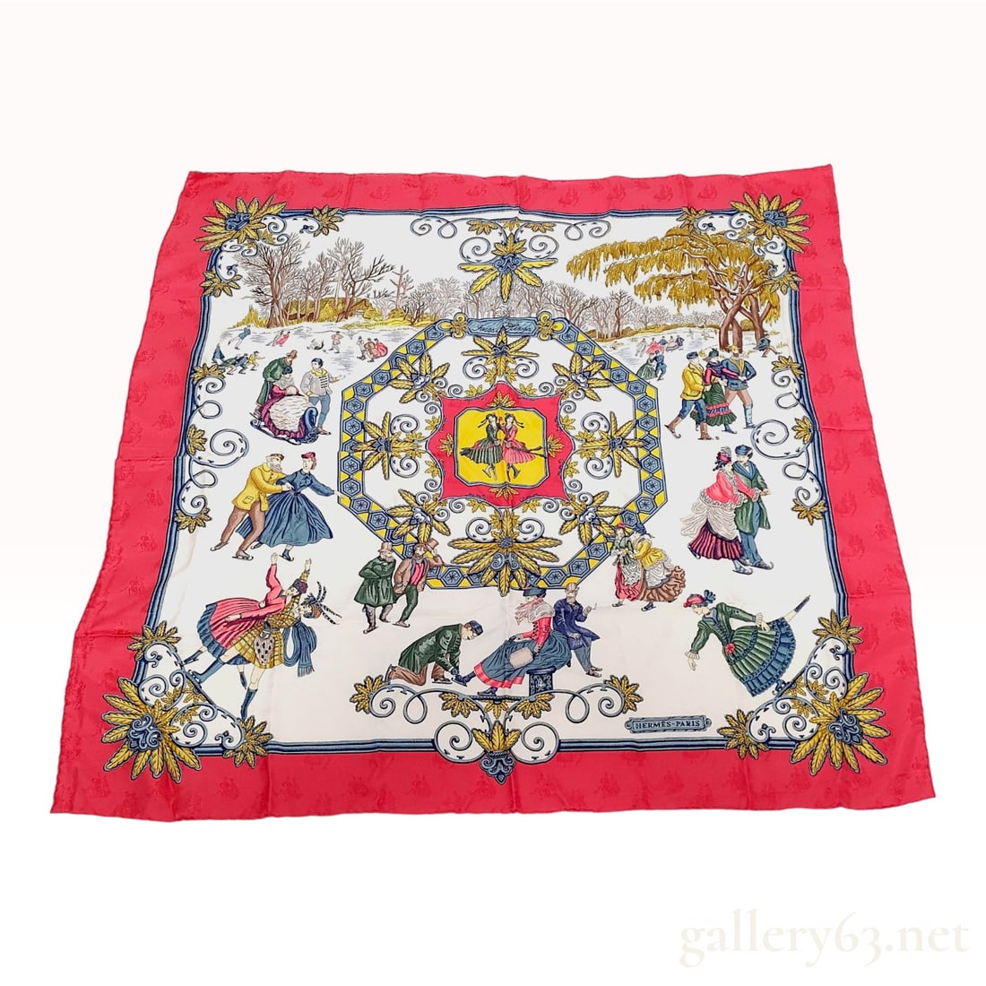 Hermes Joies d'Hiver Silk Jacquard Scarf: A vintage Hermes silk jacquard scarf featuring the Joies d'Hiver (Winter Joys) pattern, designed by Joachim Metz. The composition depicts a nineteenth-century winter scene with various figures in peri