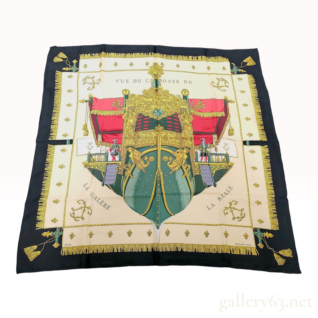 Hermes Vue du Carrosse de la Galere la Reale Silk Scarf with Box: A vintage Hermes silk twill scarf featuring the Vue du Carrosse de la Galere la Reale pattern, originally designed by Hugo Grygkar in 1953. The central motif depicts the highly ornate, gilded stern of