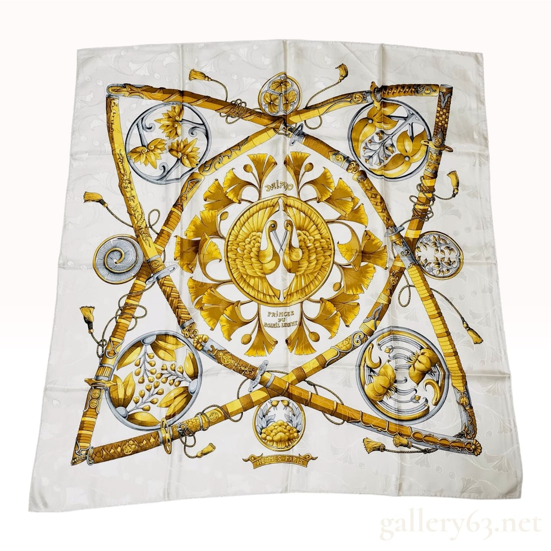 Hermes Daimyo - Princes du Soleil Levant Silk Jacquard Scarf: Authentic Hermes silk jacquard scarf titled Daimyo - Princes du Soleil Levant, designed by artist Catherine Baschet. The scarf is composed of 100 percent silk with a jacquard weave that features a ton
