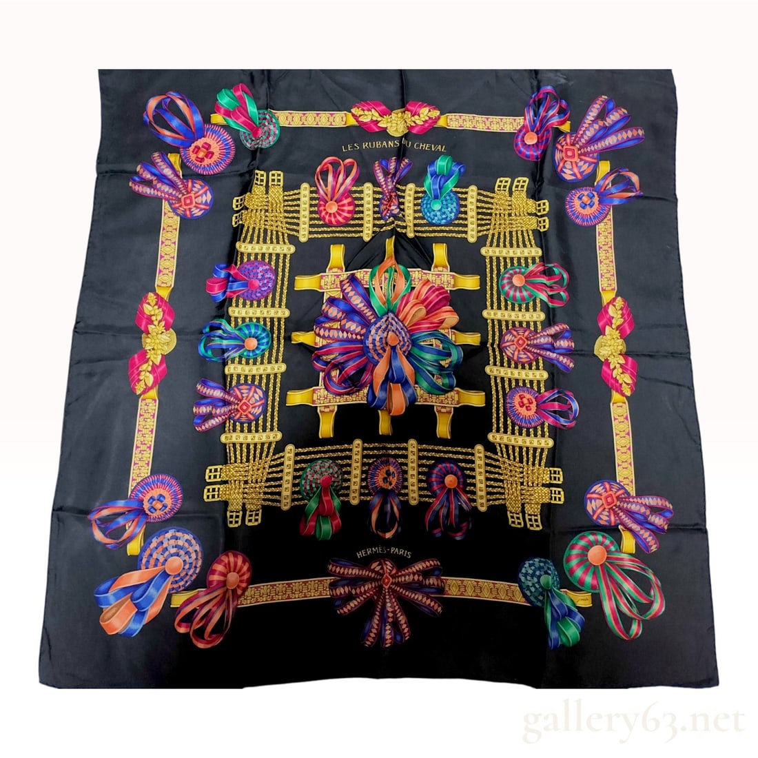 Hermes Les Rubans du Cheval Silk Scarf: This square silk scarf is an Hermes Carre 90 in the Les Rubans du Cheval (The Horse Ribbons) pattern, designed by Joachim Metz and first issued in 1988. The scarf is constructed from 100% silk twill a