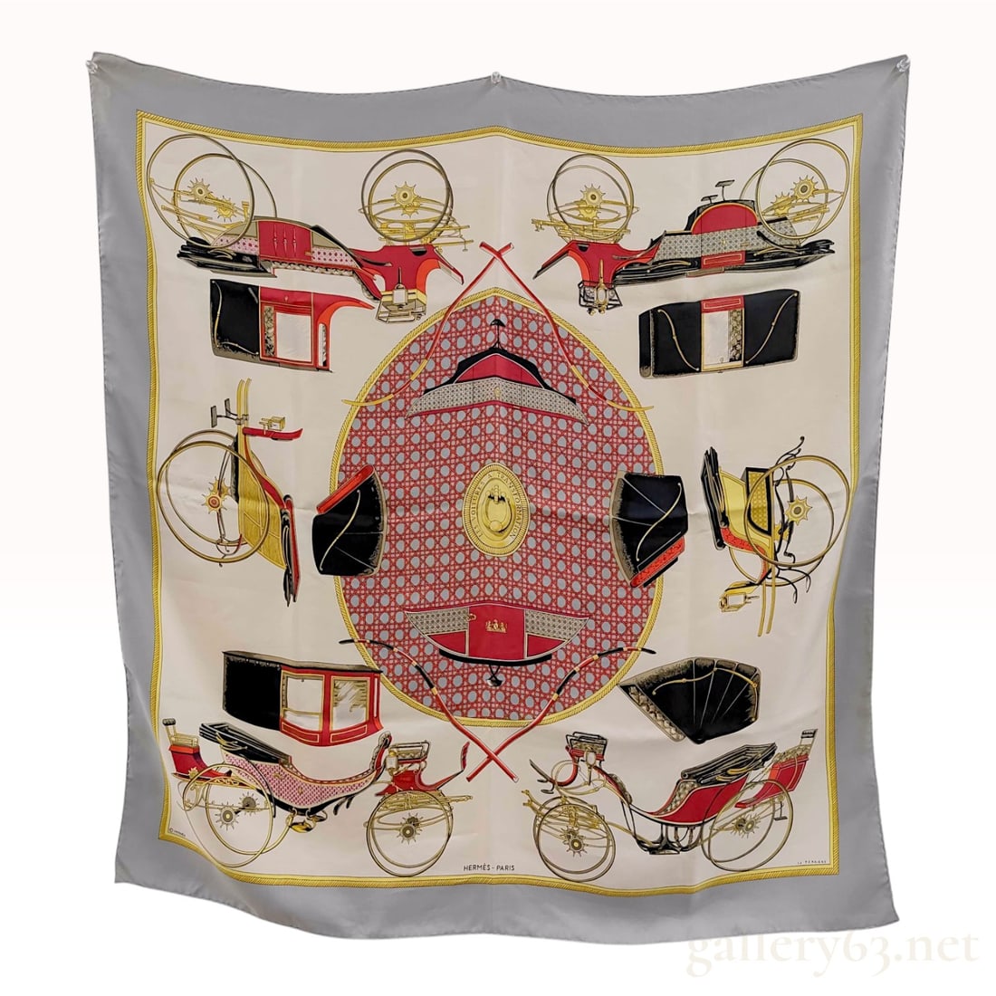 Hermes Les Voitures a Transformation Silk Scarf: A vintage Hermes 90cm silk carre scarf featuring the Les Voitures a Transformation (The Transforming Carriages) design by artist Francoise de la Perriere. Originally issued in 1965, the illustration d