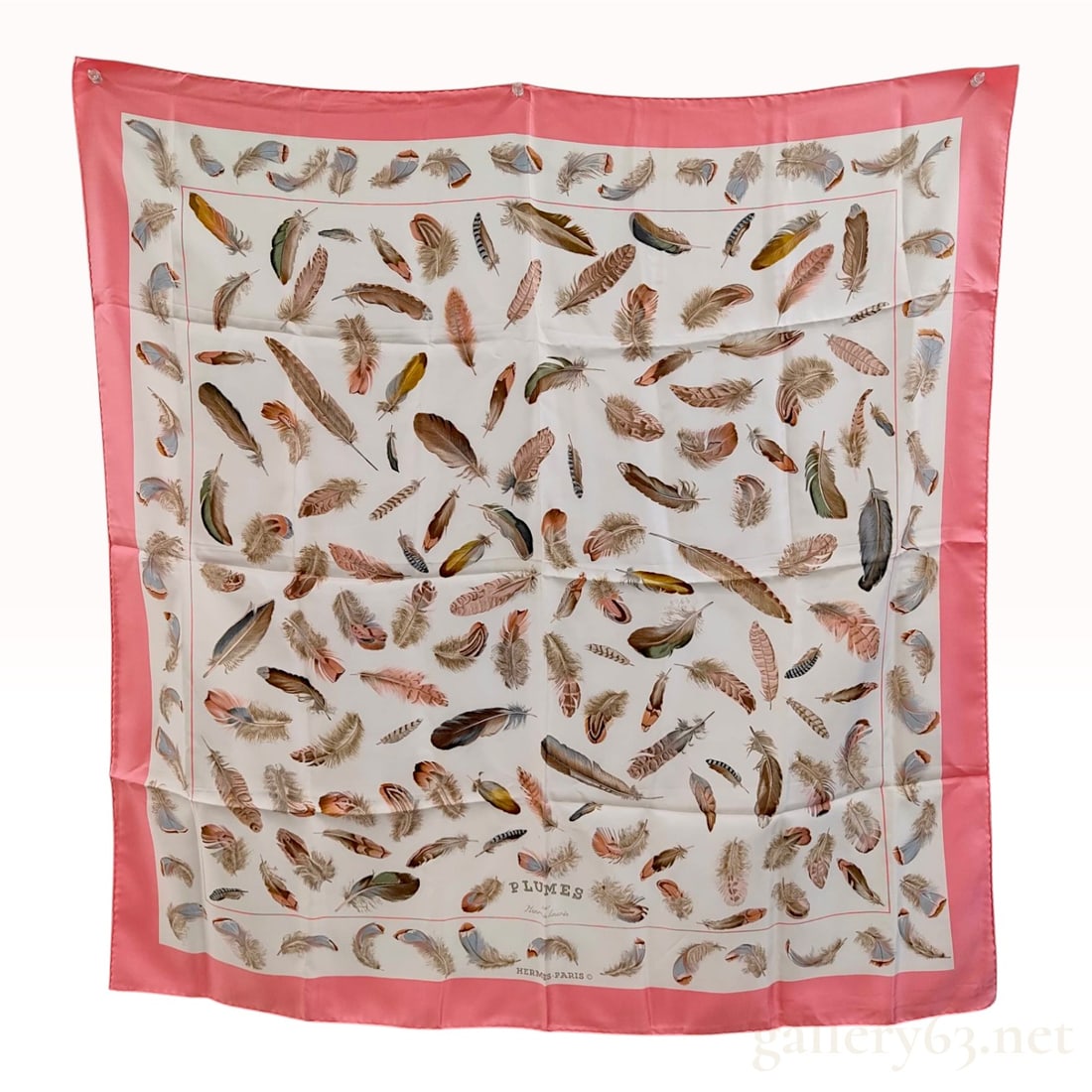 Hermes Plumes Silk Scarf by Henri de Linares: Hermes Paris silk twill scarf in the Plumes pattern, originally designed by artist Henri de Linares in 1953. The design features a white central field decorated with an array of detailed bird feathers