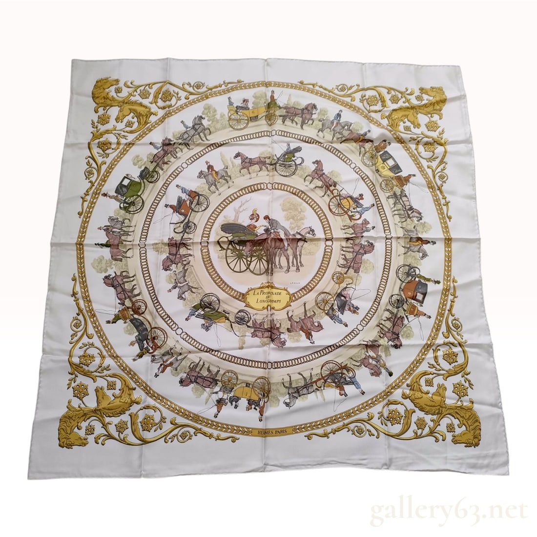 Hermes La Promenade de Longchamps Silk Scarf by Philippe Ledoux: Hermes silk carre 90 scarf in the La Promenade de Longchamps pattern, originally designed by artist Philippe Ledoux and first issued in 1965. The design features a central circular medallion and conce