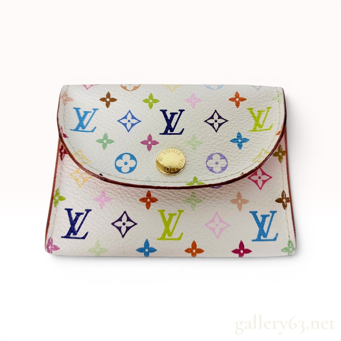 Louis Vuitton x Takashi Murakami White Monogram Multicolor Envelope Coin Purse: This envelope-style coin purse and card holder is a product of the collaboration between Louis Vuitton and artist Takashi Murakami. It is constructed from white Monogram Multicolor coated canvas with 