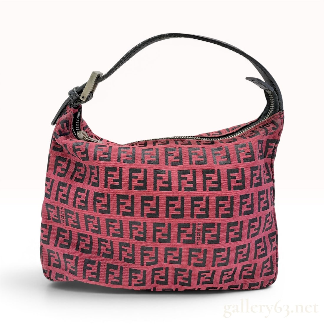 Fendi Red and Black Zucchino Canvas Mini Hobo Bag: This Fendi hobo bag is constructed from Zucchino monogram canvas in a claret red and black color scheme. The exterior features a repeating small double-F logo pattern throughout the body. It is design
