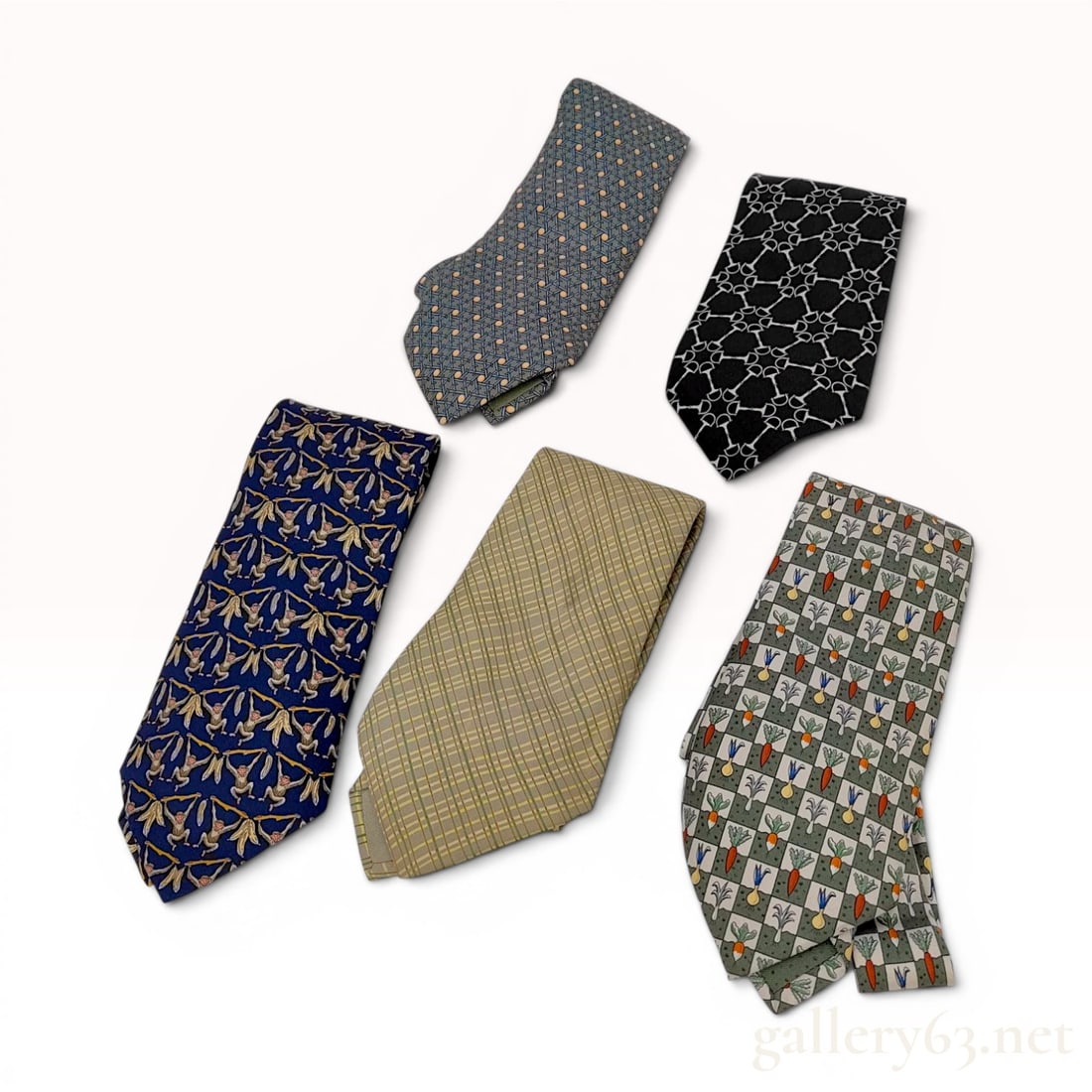 Lot of 5 Designer Silk Neckties including Hermes Paris: Lot of 5 Hermes neckties. Overall good condition.