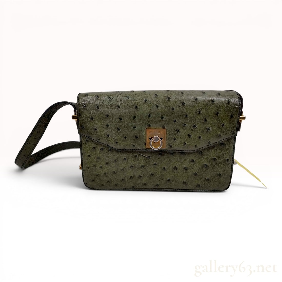 Vintage Celine Olive Green Ostrich Leather Accordion Shoulder Bag: This rare Celine vintage shoulder bag is constructed from olive green ostrich leather with a smooth black leather interior. The design features an accordion-gusset body and a single shoulder strap. Th