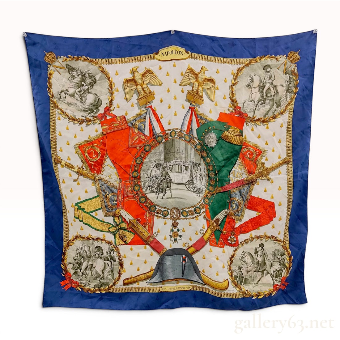 Hermes Napoleon Silk Jacquard Scarf by Philippe Ledoux: A vintage Hermes silk jacquard scarf featuring the Napoleon design by artist Philippe Ledoux. The composition centers on an imperial carriage within an ornate circular medallion, surrounded by Napoleo