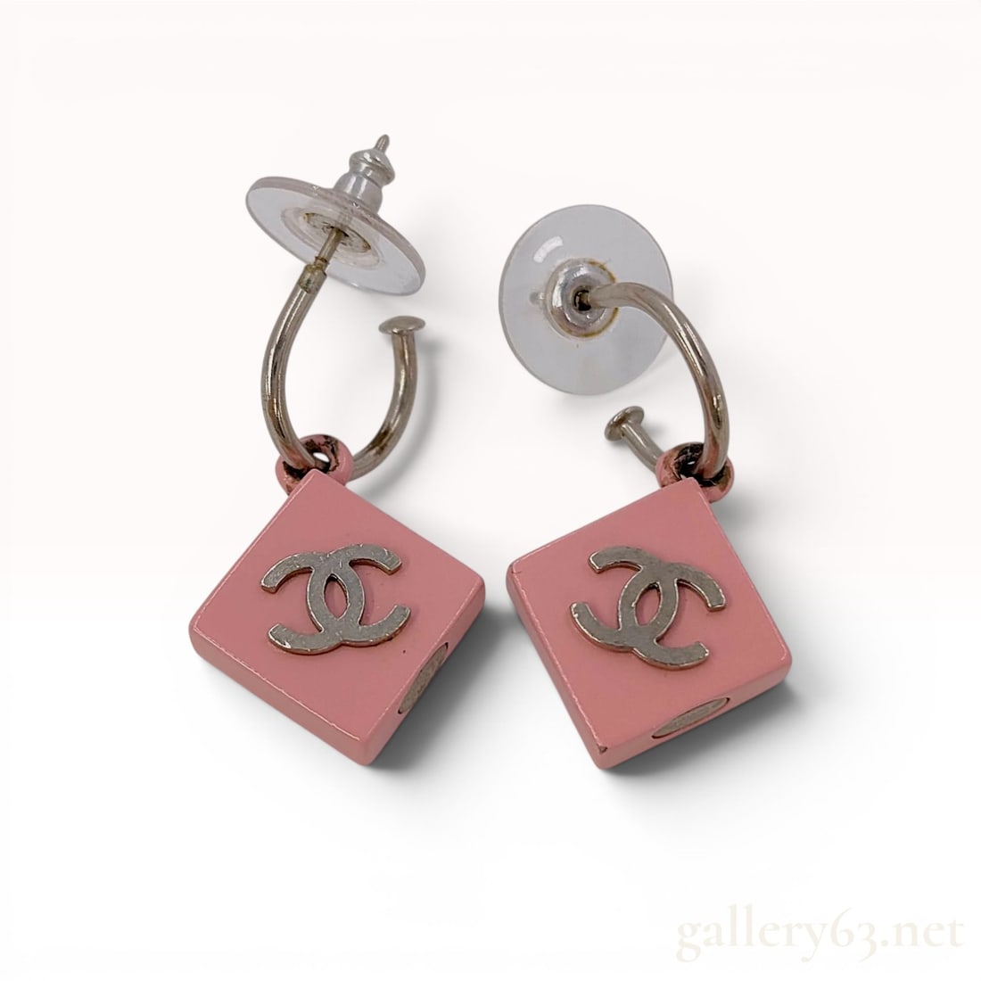 A Pair of Chanel Spring 2004 Pink Resin and Silver-Toned CC Square Drop Earrings (1 of 6)