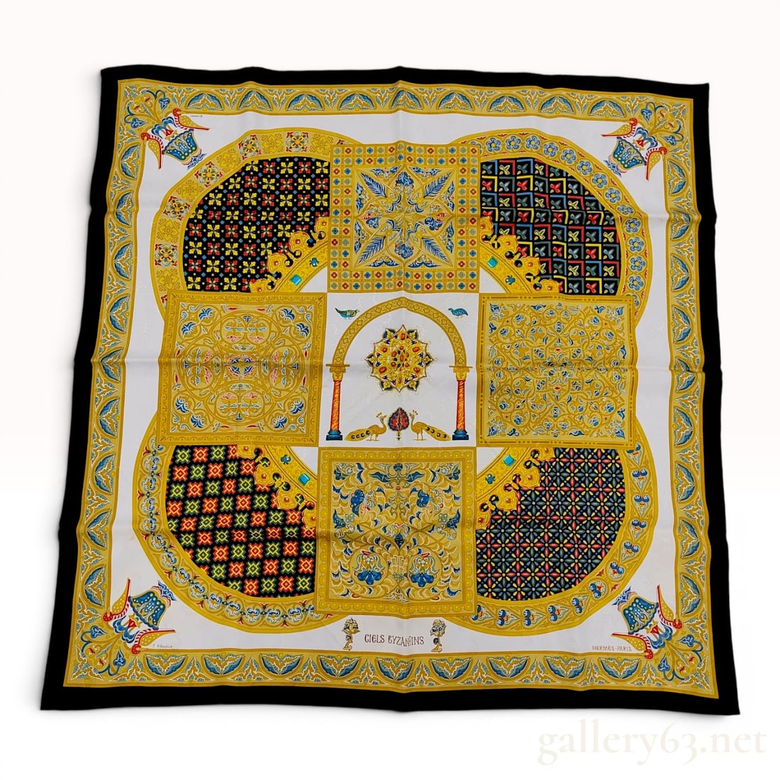 Hermes Ciels Byzantins Silk Jacquard 90cm Scarf by Julia Abadie with Box: This vintage Hermes scarf in the Ciels Byzantins pattern was designed by artist Julia Abadie and features an intricate Byzantine-inspired motif. the composition includes geometric mosaics, arabesque s