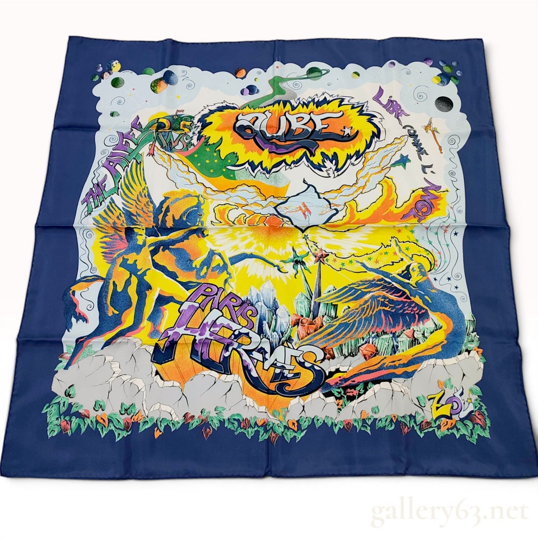 Hermes The Alfee 25th Anniversary Aube Silk Gavroche Scarf 90cm: A Hermes silk 90cm scarf featuring the Aube pattern, a collaborative design by street artist Kongo (Cyril Phan) produced to commemorate the 25th anniversary of the band The Alfee. The design utilizes