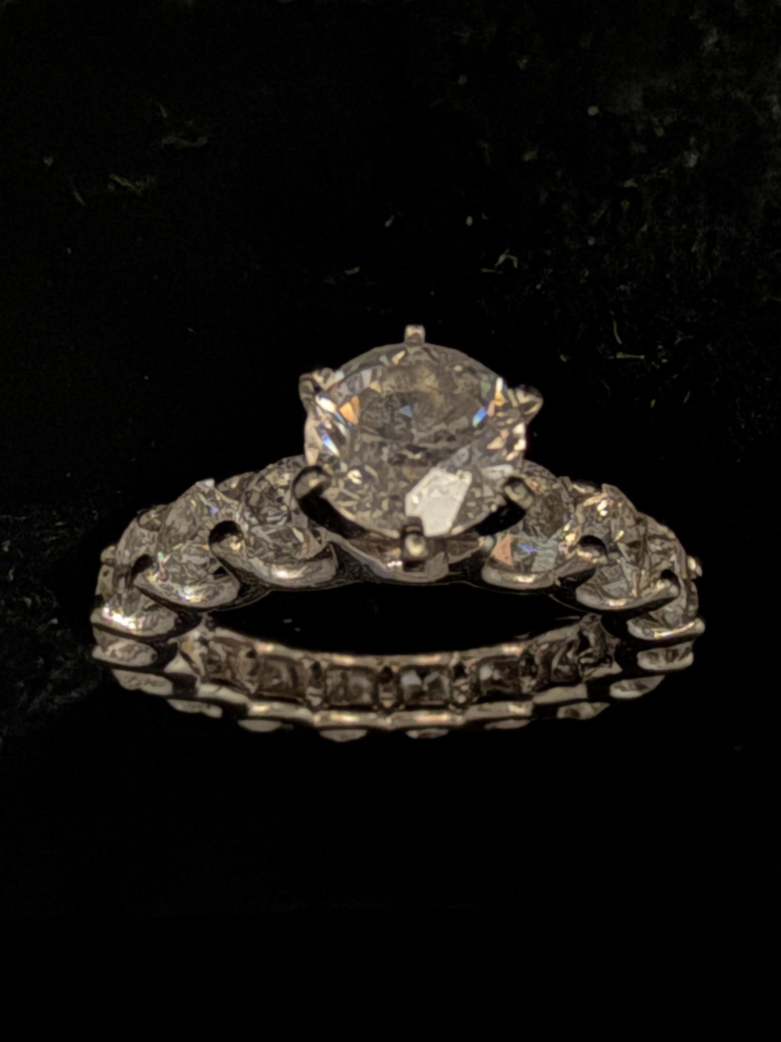 14K White Gold Diamond Solitaire Eternity Ring: 1.03 carat center 3.75 carats sides 4.78cttw diamonds size 6.5 5.7 grams. 5.7 grams
