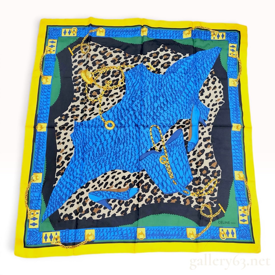 Celine Silk Scarf with Leopard and Blue Crocodile Print: A vintage square silk twill scarf by Celine, made in France. The central design features a blue crocodile-textured animal hide silhouette, layered with a blue bucket bag and two high-heeled pumps with