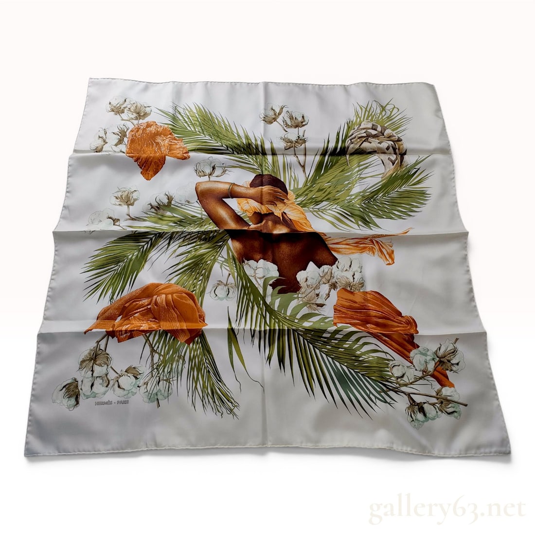 Hermes Turbans des Reines Silk Scarf by Michelle Szabo: An Hermes silk twill scarf in the Turbans des Reines pattern, originally designed by Michelle Szabo in 1997. The central motif features a figurative depiction of a womanâ€™s back, her head
