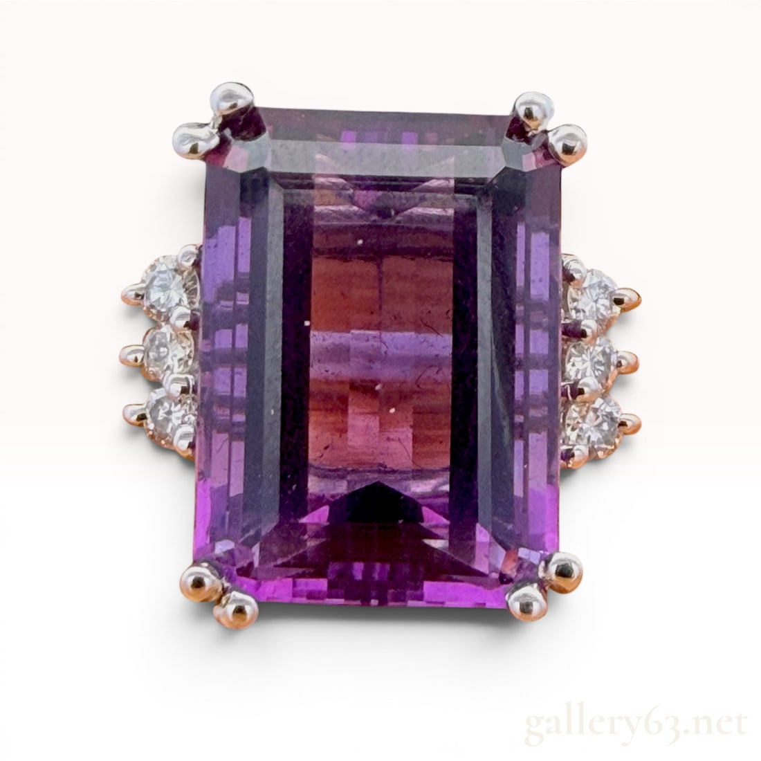 18K Amethyst and Diamond Ring: Features a 10 carat amethyst with 0.30 carat of diamonds. Size 6 and weighs 7.9 grams. 7.9 grams