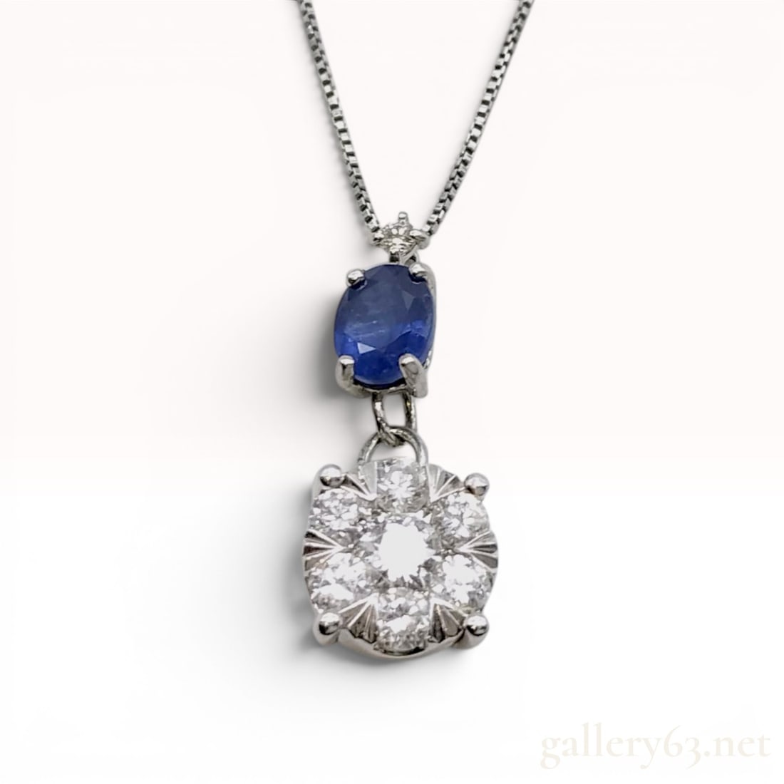 14K White Gold Sapphire and Diamond Pendant on Pt850 Platinum Chain (1 of 10)