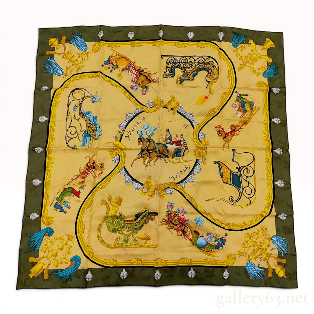 Hermes Plumes et Grelots Silk Jacquard Scarf by Julia Abadie: This scarf is A Hermes 90cm carre featuring the Plumes et Grelots design by artist Julia Abadie. It is constructed from 100 percent silk jacquard fabric. The specialized weave features a repeating mot