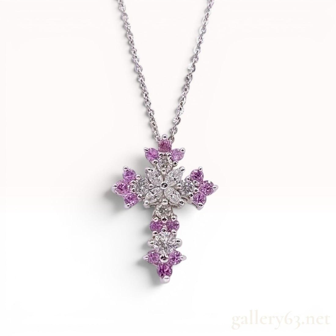 18K White Gold Diamond and Pink Sapphire Cross Pendant Necklace (1 of 10)