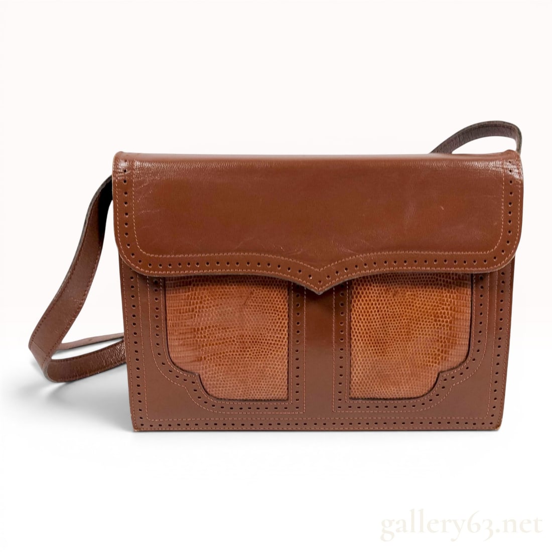 Vintage Yves Saint Laurent Brown Leather Accordion Shoulder Bag with Lizard Embossed Details (1 of 10)