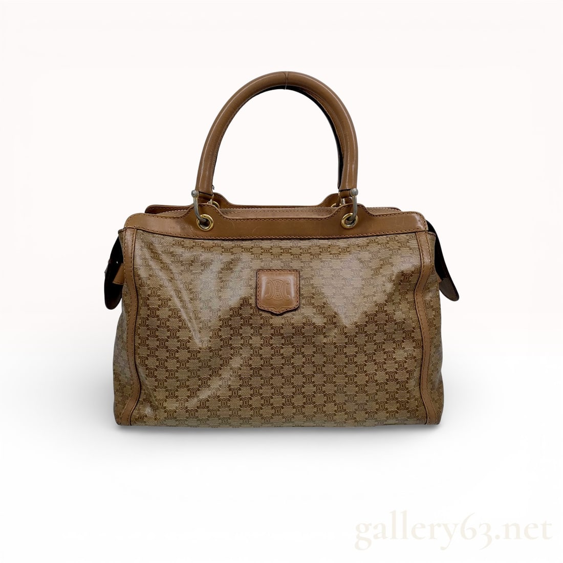 Vintage Celine Macadam Boston Bag - Excellent Condition: Authentic Celine vintage Boston bag in brown coated canvas featuring the Macadam monogram pattern throughout. The structured silhouette is trimmed in tan leather with dual rolled top handles and coord
