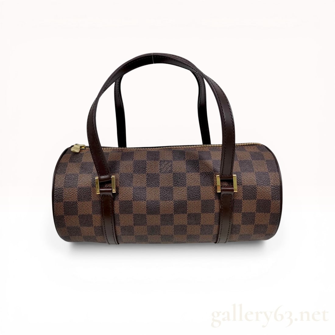 Louis Vuitton Damier Ebene Papillon 30 Handbag: Louis Vuitton Papillon 30 handbag in Damier Ebene coated canvas with dark brown leather trim. This cylindrical model features dual flat leather straps and a top zipper closure with a branded gold-tone