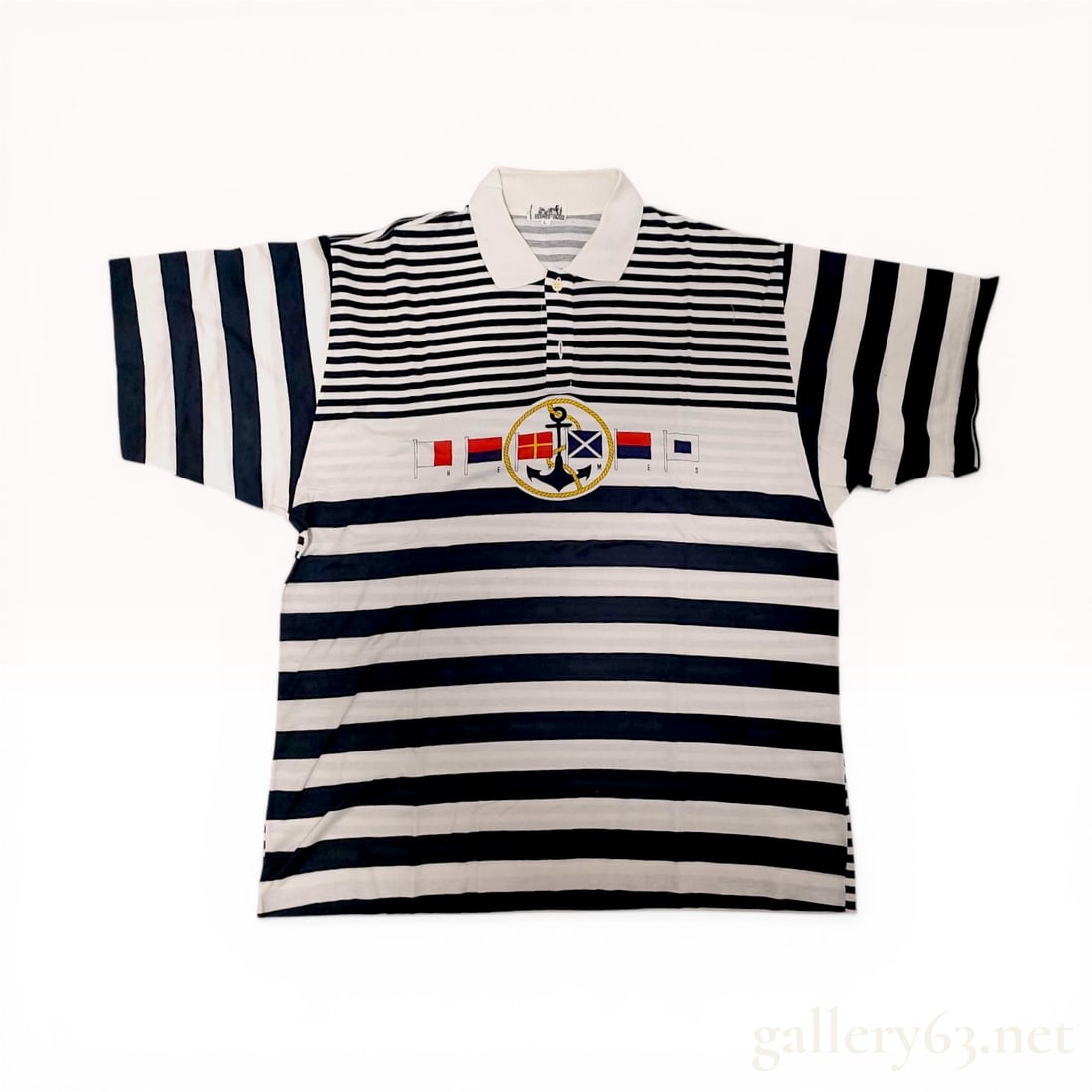 Hermes Nautical Striped Cotton Polo Shirt Size L: Hermes nautical-themed short-sleeved cotton polo shirt made in Italy. Features navy blue and white horizontal stripes with a printed maritime chest graphic depicting an anchor and signal flags spellin
