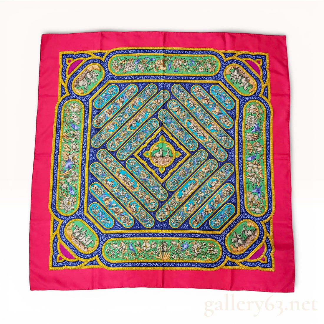 Hermes Silk Carre 90 Scarf Qalamdan: This vintage Hermes silk carre features the Qalamdan pattern, designed by Catherine Baschet and first issued in 1990. The intricate design is inspired by Persian lacquerwork and qalamdan (pen cases), 