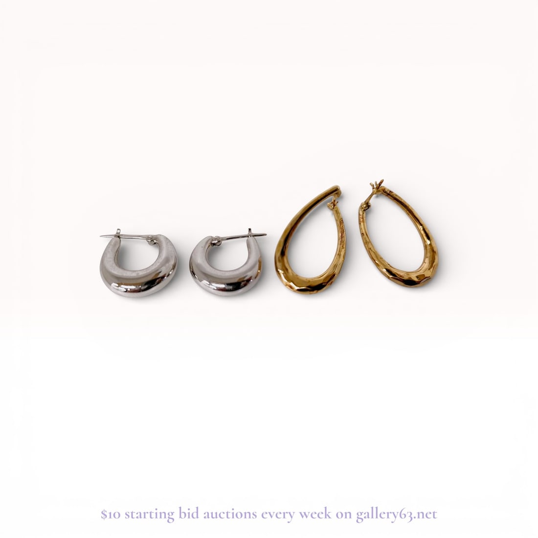 Two Pairs of Sterling Silver Hoop Earrings including Jolene Vermeil Teardrops: Two matched pairs of sterling silver hoop earrings. One pair features a chunky, U-shaped design in high-polish sterling silver with hinged saddle-back closures. The second pair by Jolene consists of t