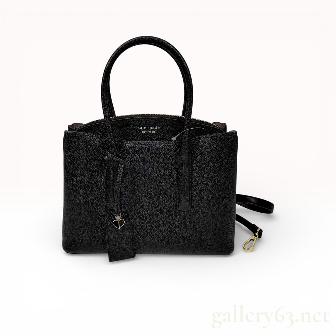 Kate Spade New York Margaux Medium Leather Satchel: A Kate Spade New York Margaux medium satchel crafted from black pebbled leather with gold-tone hardware. The design features dual rolled top handles and a detachable, adjustable shoulder strap. The fr