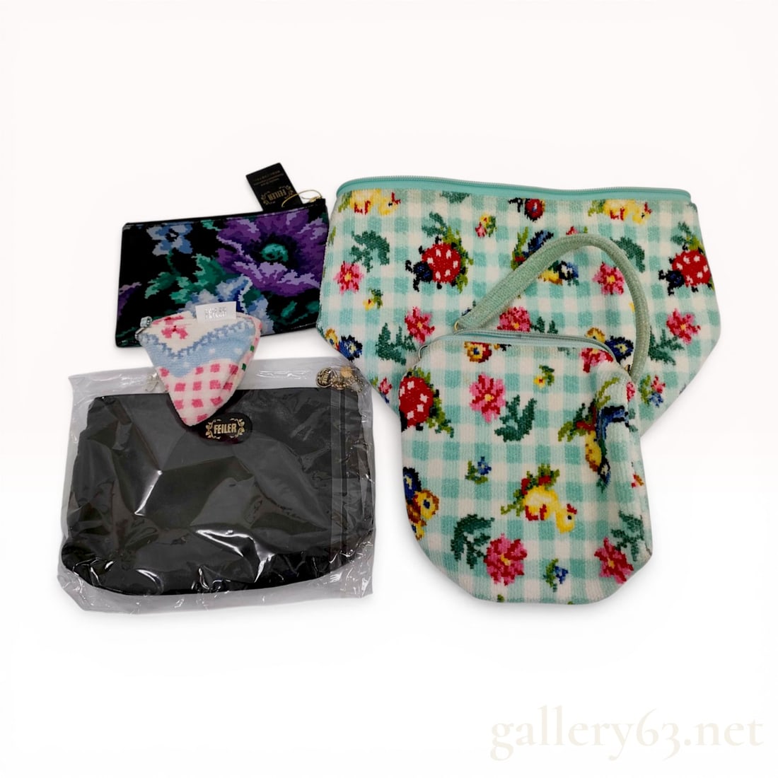 A Collection of 5 Feiler Chenille Accessory Pouches and Bags in Heidi Check and Floral Patterns (1 of 8)
