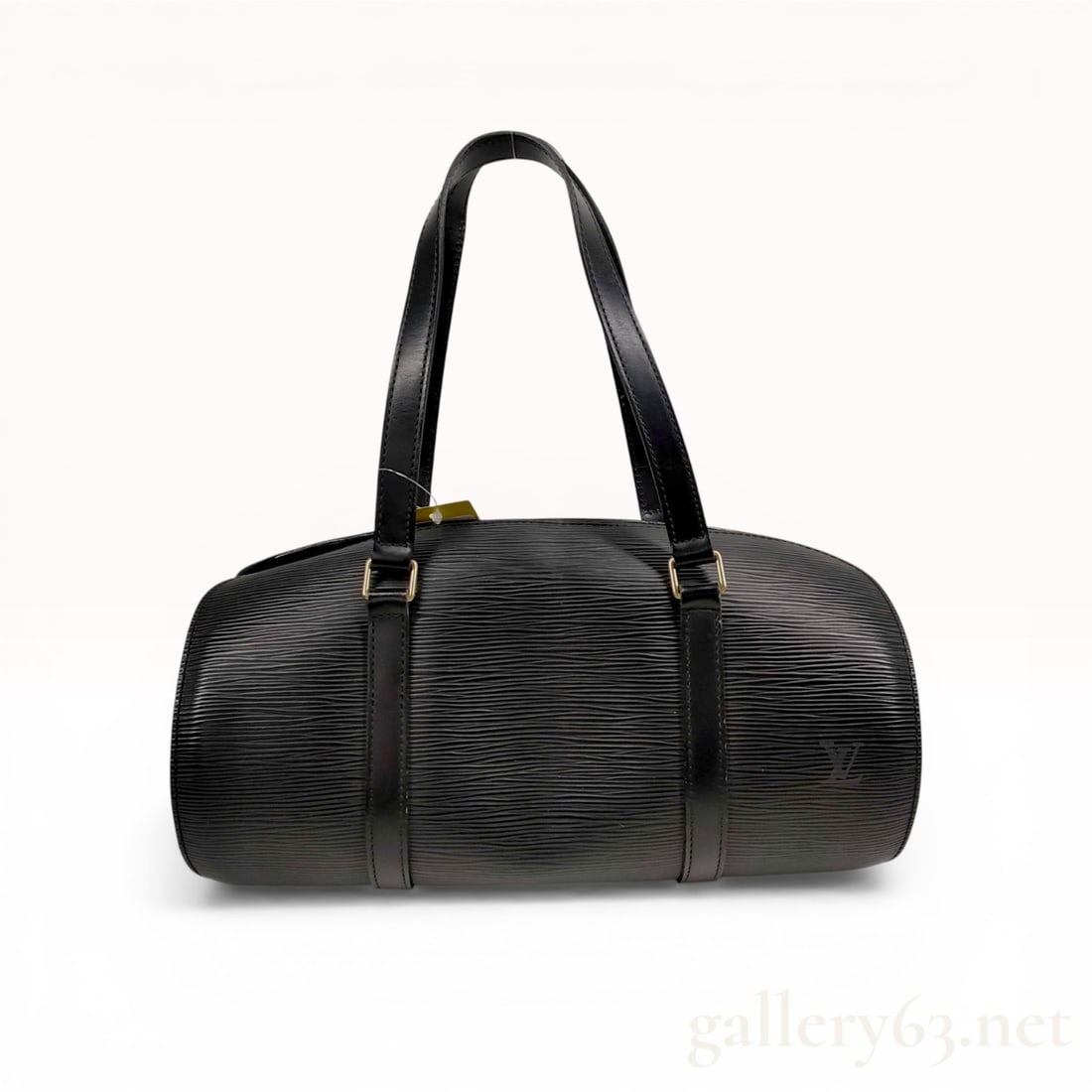 Louis Vuitton Soufflot Black Epi Leather Shoulder Bag: Louis Vuitton Soufflot shoulder bag in black Epi leather. This cylindrical barrel-shaped bag features textured leather construction with smooth leather trim, dual long shoulder straps, and gold-tone h