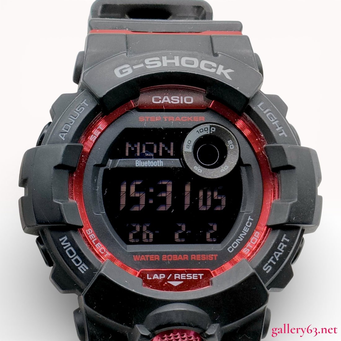 Casio G-Shock G-SQUAD Bluetooth Step Tracker Watch GBD800-1: This Casio G-Shock G-SQUAD GBD800-1 digital wristwatch features a black resin case and integrated strap with metallic red detailing around the inner bezel. The timepiece is equipped with a negative di