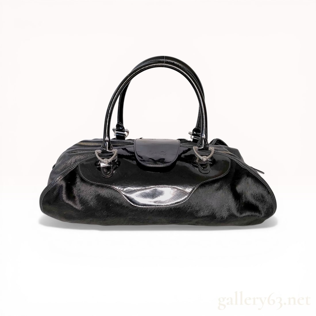 D&G Dolce and Gabbana Black Pony Hair and Patent Leather Satchel Bag: D&G (Dolce and Gabbana) multi-texture satchel bag, late 20th to early 21st century. The bag is constructed with a black pony hair (bovine hide) body, patent leather handles and central flap, grain