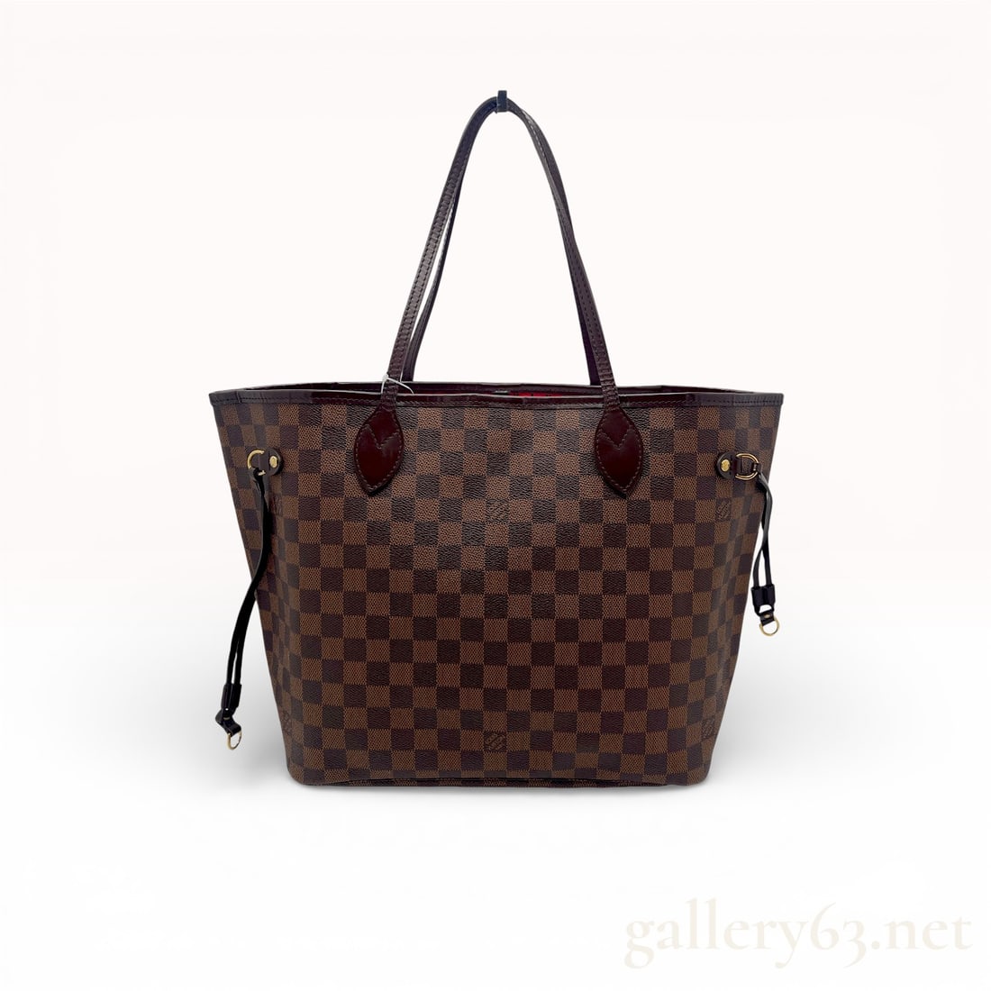Louis Vuitton Damier Ebene Neverfull Tote Bag: Louis Vuitton Damier Ebene Neverfull tote bag. The exterior is constructed from coated canvas in a checkered pattern featuring the Louis Vuitton Paris brand mark. The design includes dark brown leathe