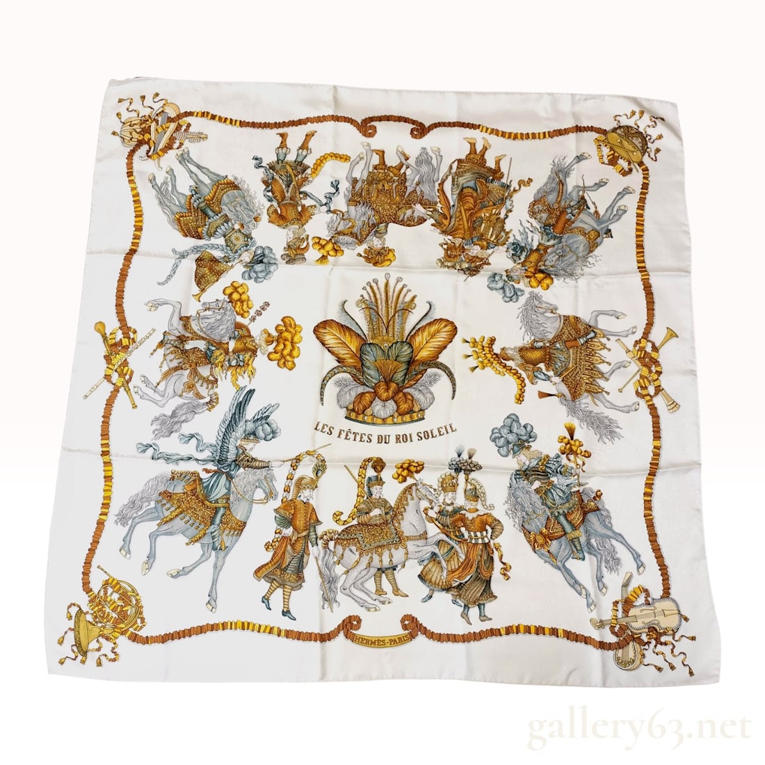 Hermes Silk Jacquard Scarf, Les Fetes du Roi Soleil Pattern: Hermes silk square scarf in the Les Fetes du Roi Soleil design by Michel Duchene, originally issued in 1994. The ivory silk jacquard features a woven sunburst motif printed with elaborate Baroque eque