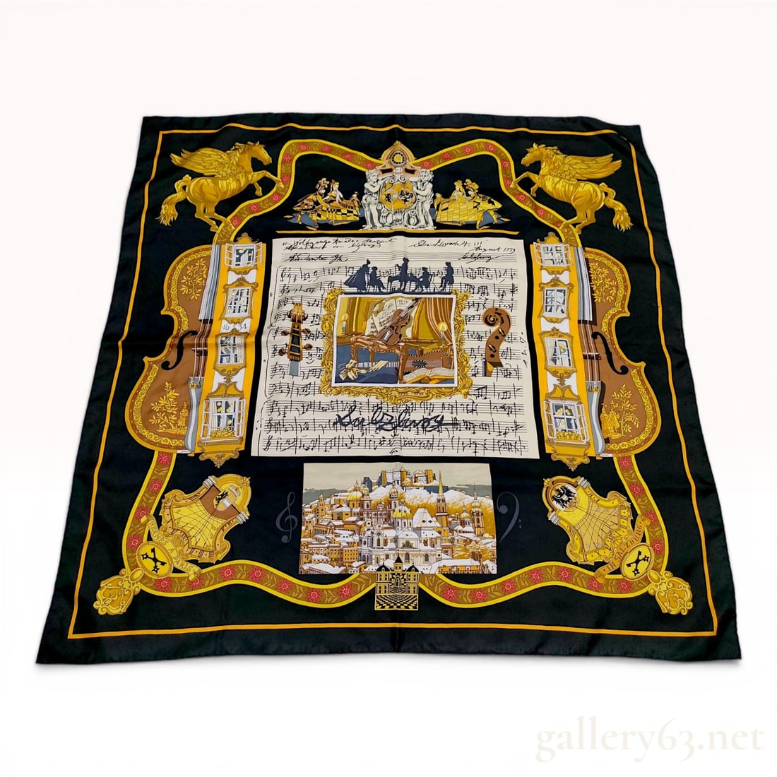 Hermes Salzburg Silk Scarf: Hermes silk scarf in the Salzburg pattern, designed by Loic Dubigeon and originally issued in 1992. The screen-printed 100% silk fabric depicts musical and baroque motifs including a Mozart score, a c