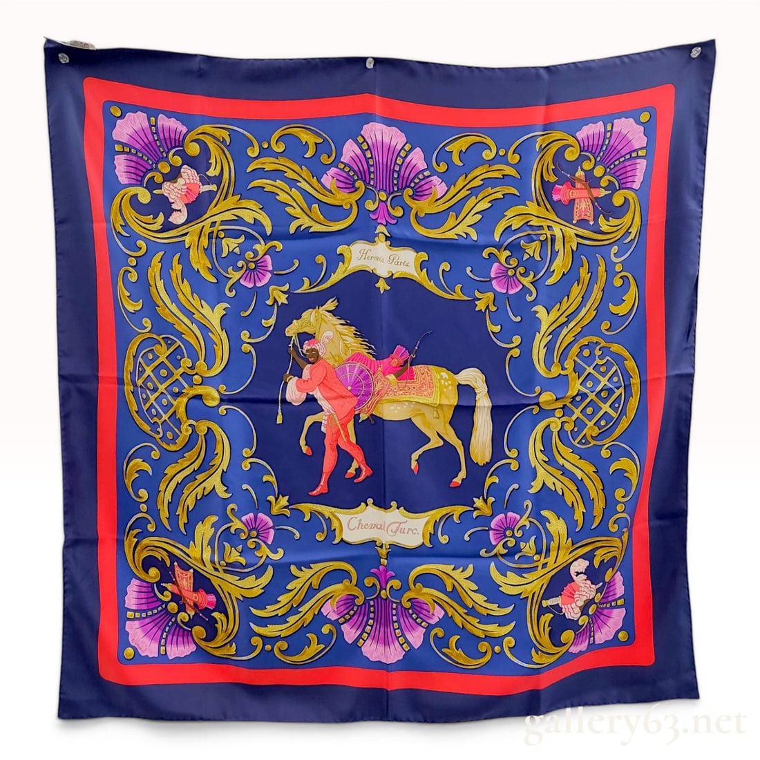 Hermes Paris Cheval Turc Silk Scarf: Hermes silk carre 90 scarf featuring the Cheval Turc pattern originally designed by Christiane Vauzelles. The 100% silk twill design depicts an Ottoman-style groom and horse within an ornate baroque f