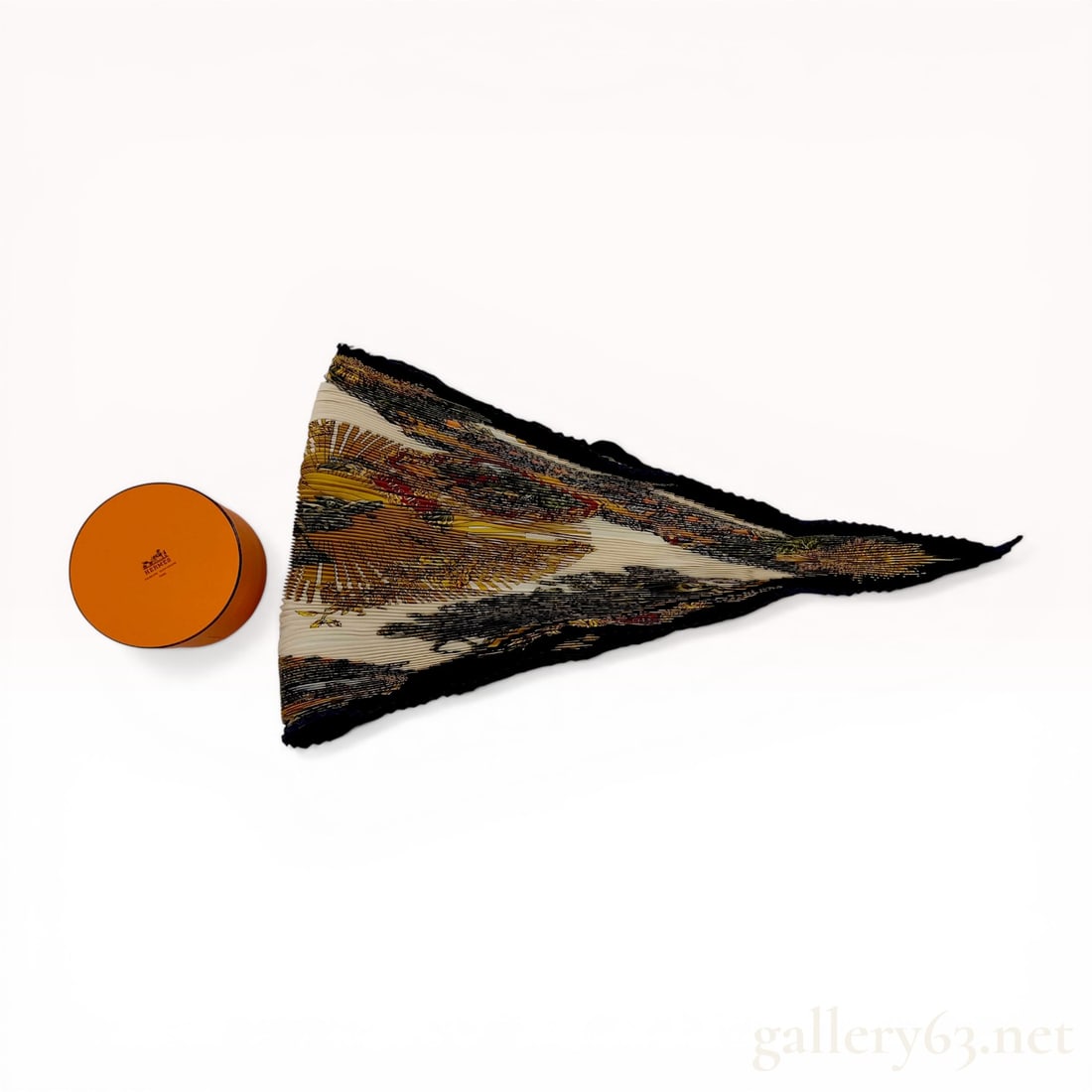 Hermes Vues d'Optique Silk Plisse Scarf: Hermes silk plisse (pleated) scarf in the Vues d'Optique pattern, originally designed by Hugo Grygkar. The 100% silk fabric features various 18th-century European architectural scenes and carriage vig