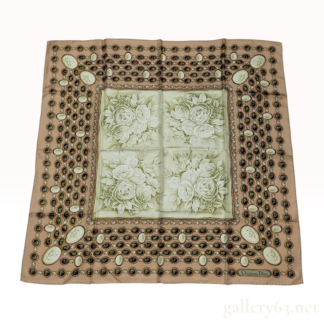 Christian Dior Square Silk Scarf with Rose and Jewelry Motif: Christian Dior square silk scarf featuring a floral and jewelry-inspired design. The central panel is divided into four quadrants with monochromatic rose bouquets, framed by a wide border depicting ro