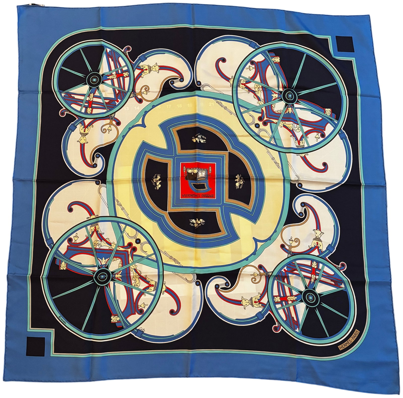 Herm?¨s Washington's Carriage Silk Carr?© 90 Scarf Designed by Caty Latham: This vintage Hermès silk carré, titled Washington's Carriage and designed by Caty Latham, features a central medallion depicting George Washington's carriage in red and navy blue. The de