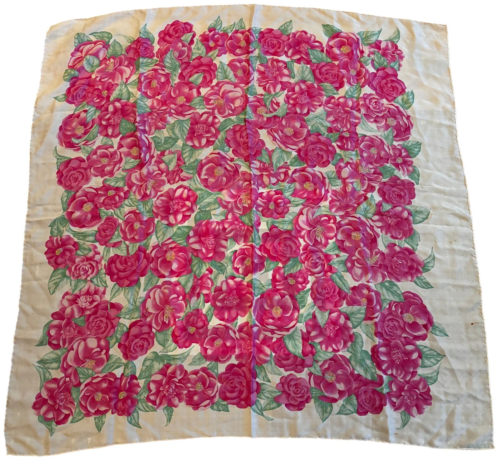 Chanel Silk Jacquard Camellia Print Square Scarf: A vintage square silk scarf by Chanel, featuring an all-over floral print of camellias in shades of pink, magenta, and variegated green leaves set against a cream-colored ground. The base fabric is a 