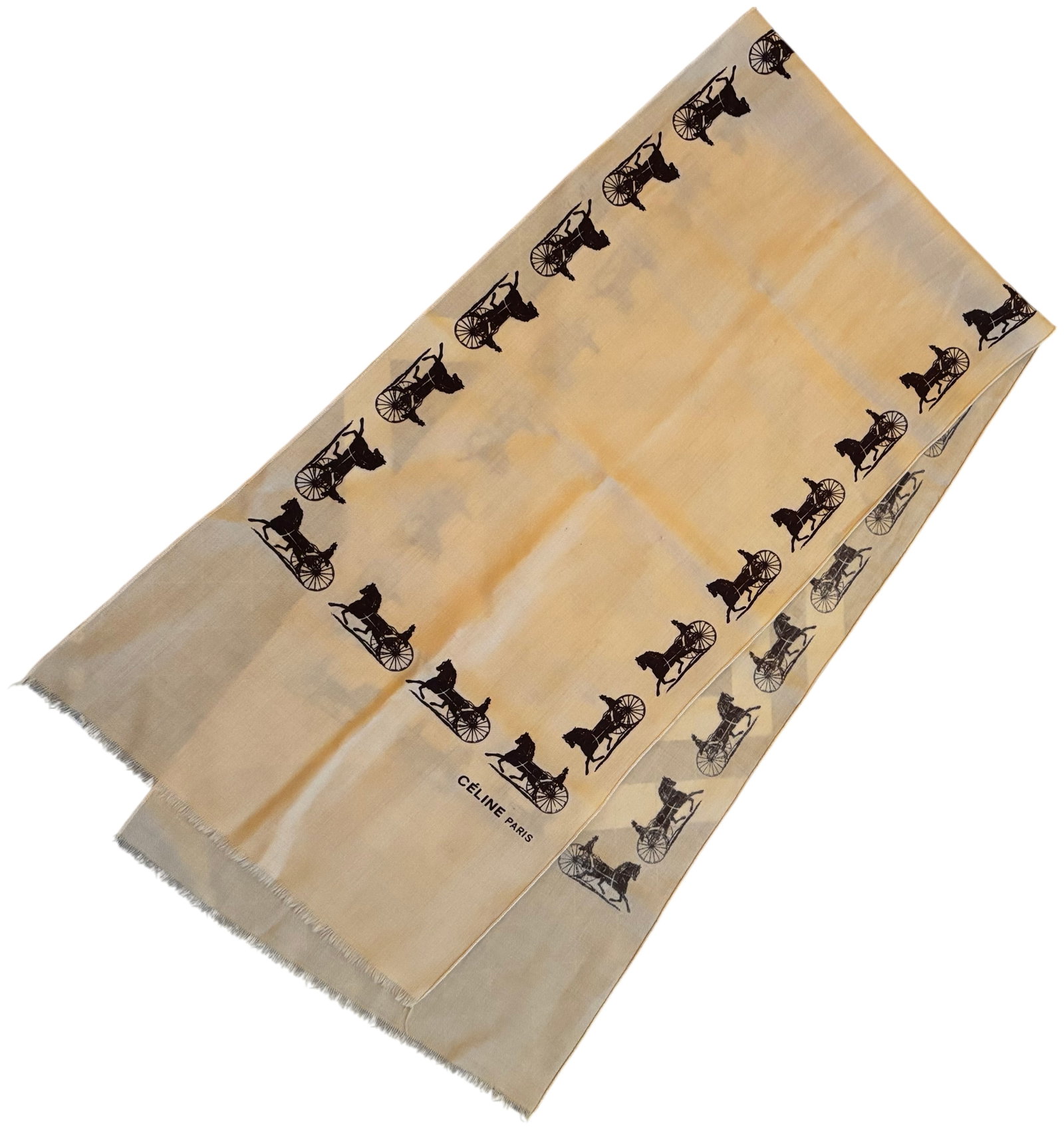 Vintage Celine Horse Carriage Motif Silk Scarf: A vintage rectangular scarf by the French designer Celine. The scarf is made from a lightweight, semi-sheer fabric with a gauze weave, characteristic of silk. The design features a beige ground with a
