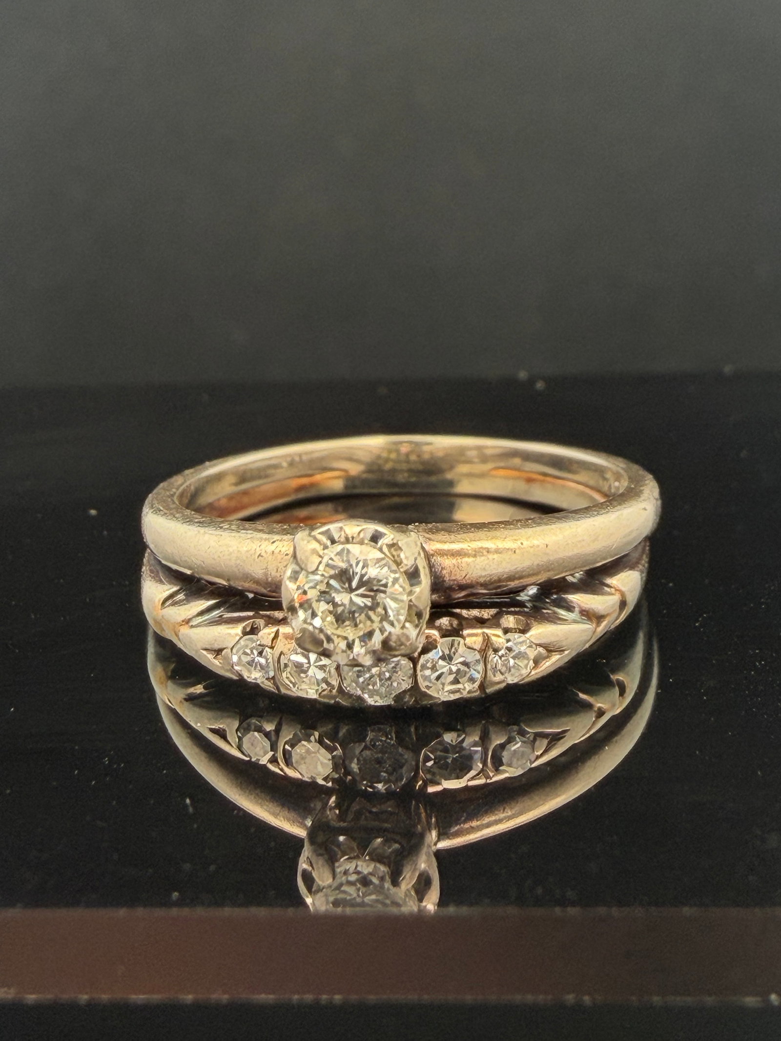 Estate 14K White Gold Natural Diamond Ring: Center stone is .15 carat vs/g approx .10ct vs side stones size 8, 3.8 grams.