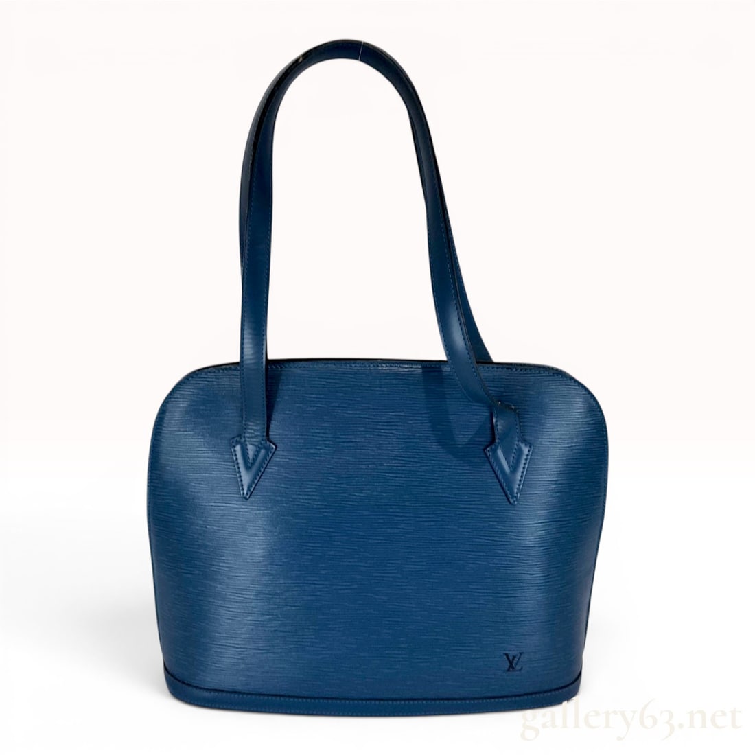 Louis Vuitton Epi Leather Lussac Shoulder Bag in Toledo Blue: This shoulder bag is identified as the Louis Vuitton Lussac model, constructed from signature textured Epi leather in Toledo Blue. The exterior features a structured, semi-oval silhouette with an
