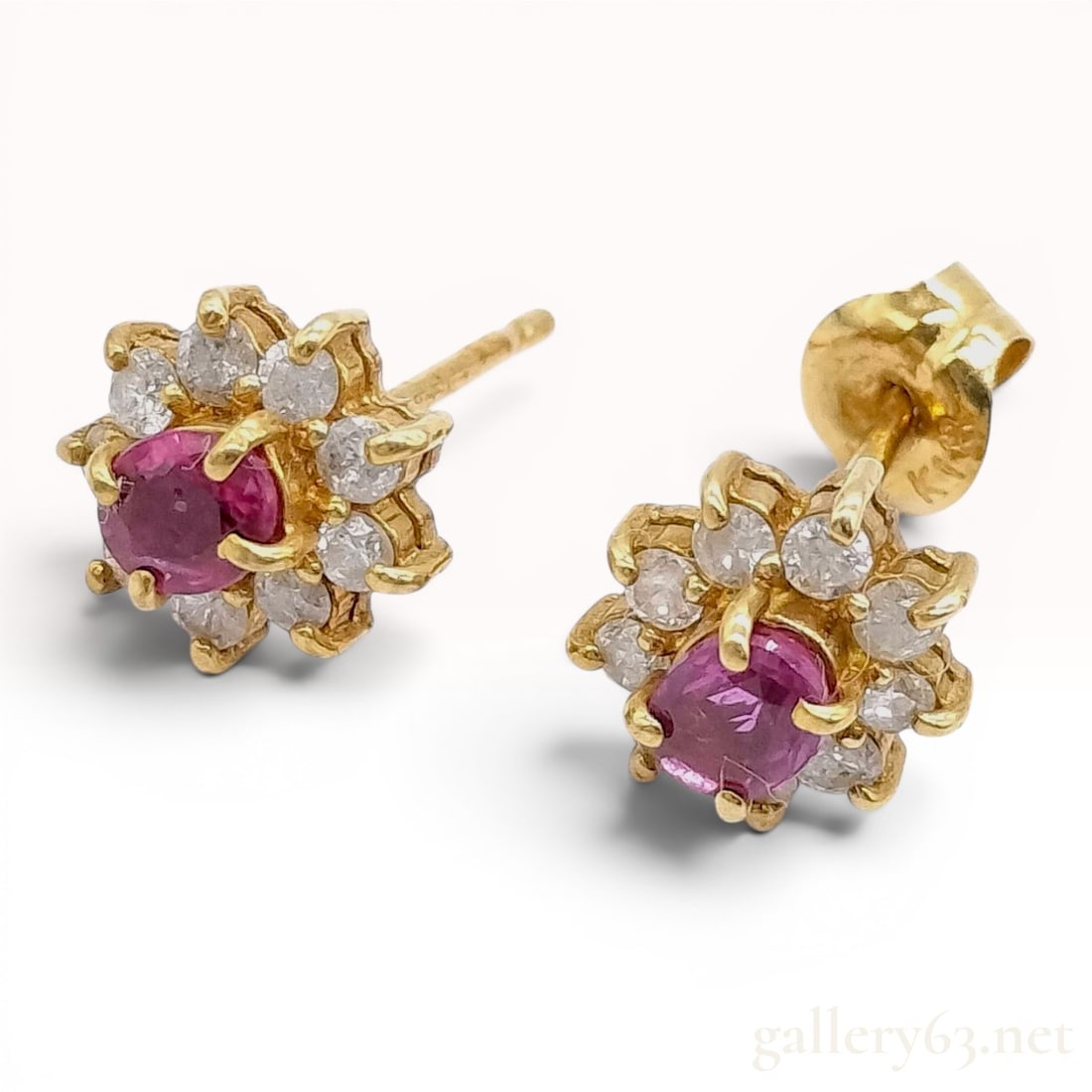 A Pair of 18K Yellow Gold Ruby and Diamond Floral Cluster Stud Earrings (1 of 10)