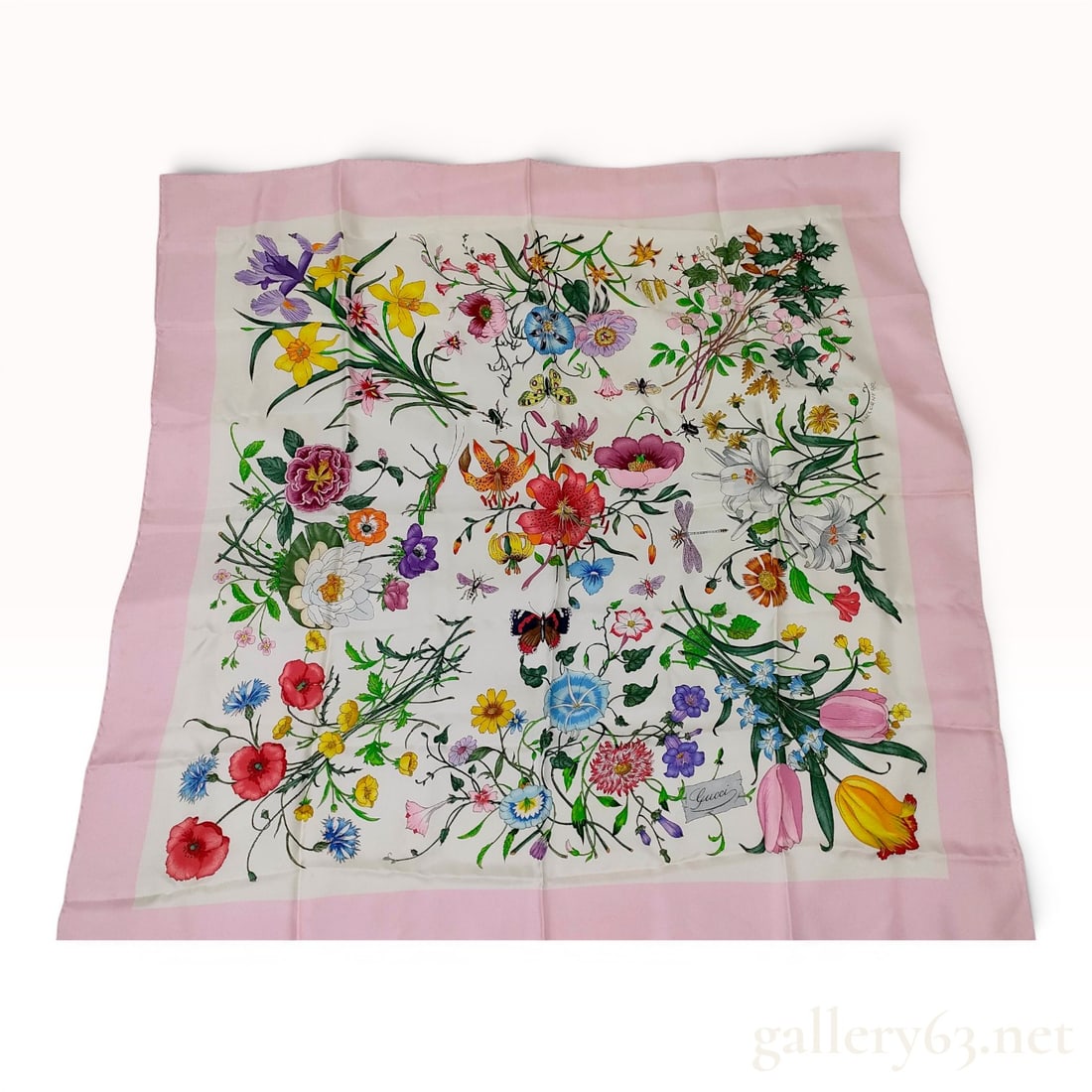 Gucci Pink Border Flora Silk Scarf Designed by Vittorio Accornero (1 of 10)
